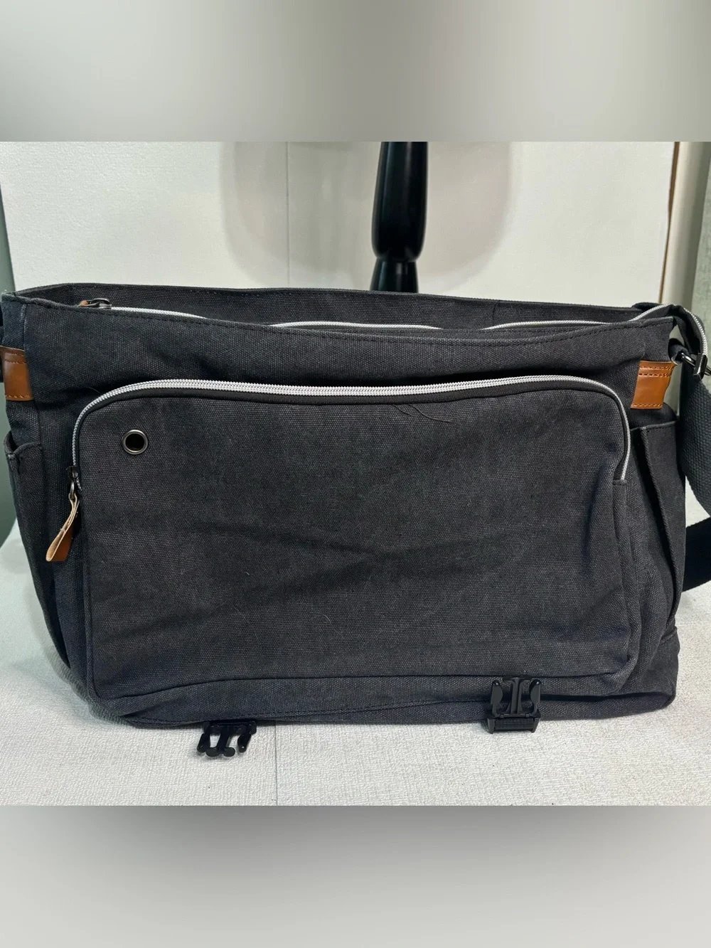 Black Canvas & Brown Leather Trim Messenger Bag FENGDONG